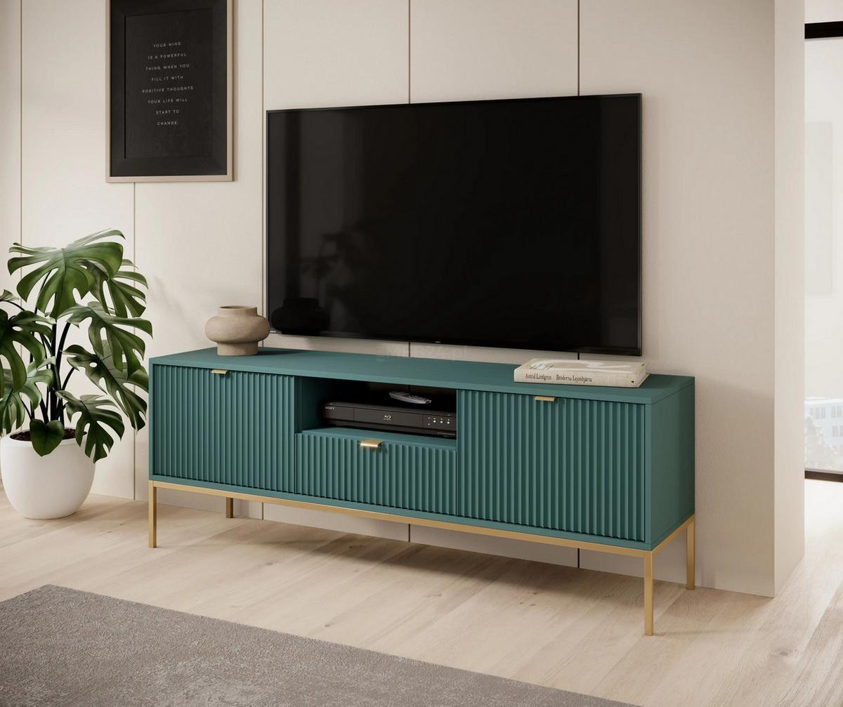 LOWBOARD Eternas 2T 1S Grün 154/56/39 cm – goldene Füße, mit geriffelten Fronten und offener Ablage - Goldfarben/Grün, Holzwerkstoff (154/56/39cm) - AX Living