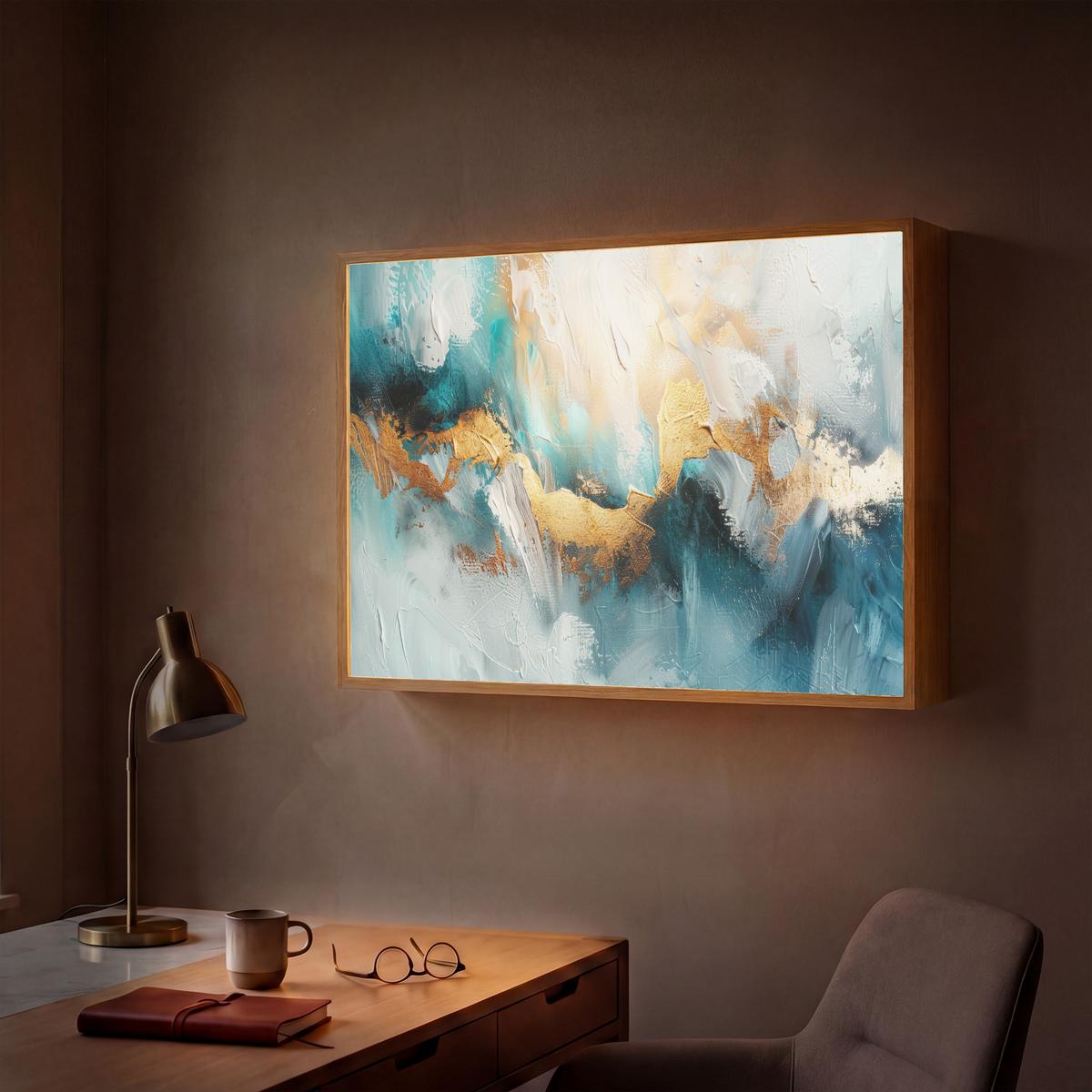WANDLEUCHTE MIT AKKU Abstrakt - Kunst - Gold - Blau 90x60 cm - Türkis, Holzwerkstoff (90/60/8cm) - OnlyWow