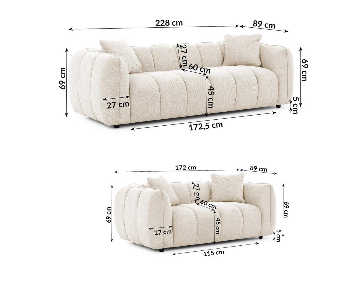 SITZGARNITUR 3+2 Nubira in tief gesteppter Bubble-Optik aus weichem Hellbeige Strukturstoff im modernen Design - Beige/Schwarz, Holz/Kunststoff (228/69/89cm) - S-Style Möbel