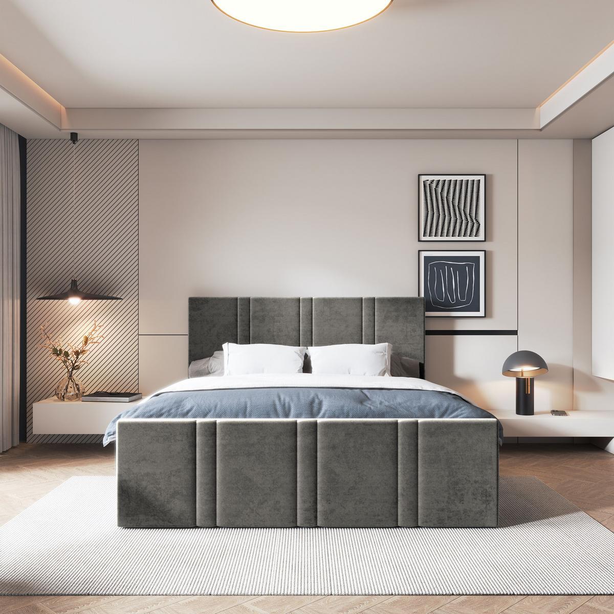 BOXBETT COMOZA 200x200 cm mit Matratze und Topper, H2+H3 - Grau - Grau, Holz (200/200cm) - MASSENO