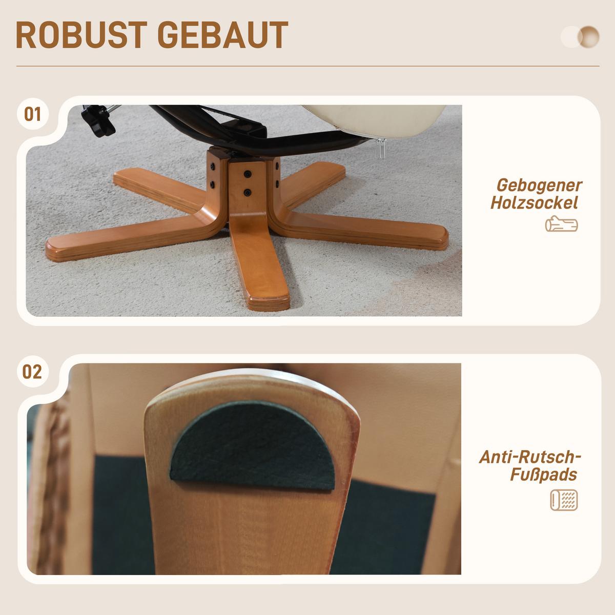 RELAXSESSEL mit Hocker, Fernsehsessel mit Liegefunktion, Wippfunktion, Schwarz - Gelb/Creme, Leder/Holz (84/102/71cm) - HOMCOM
