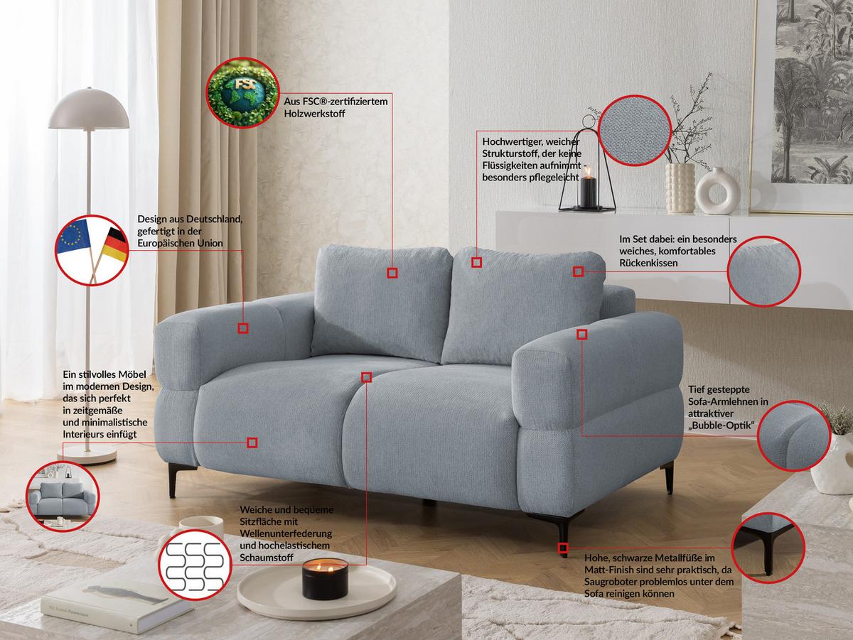 2-SITZER-SOFA Cardea in Bubble-Optik aus weichem Grau Strukturstoff mit hohem Sitzkomfort - Schwarz/Grau, Holz/Textil (154/80/97cm) - S-Style Möbel