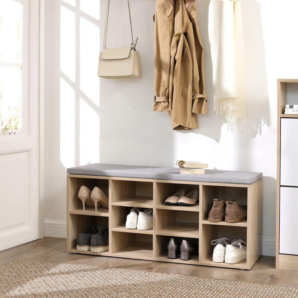 SCHUHBANK mit 10 Nischen Holzdekor - L104 cm - Grau, Holzwerkstoff (117.5/48/30cm) - Calicosy