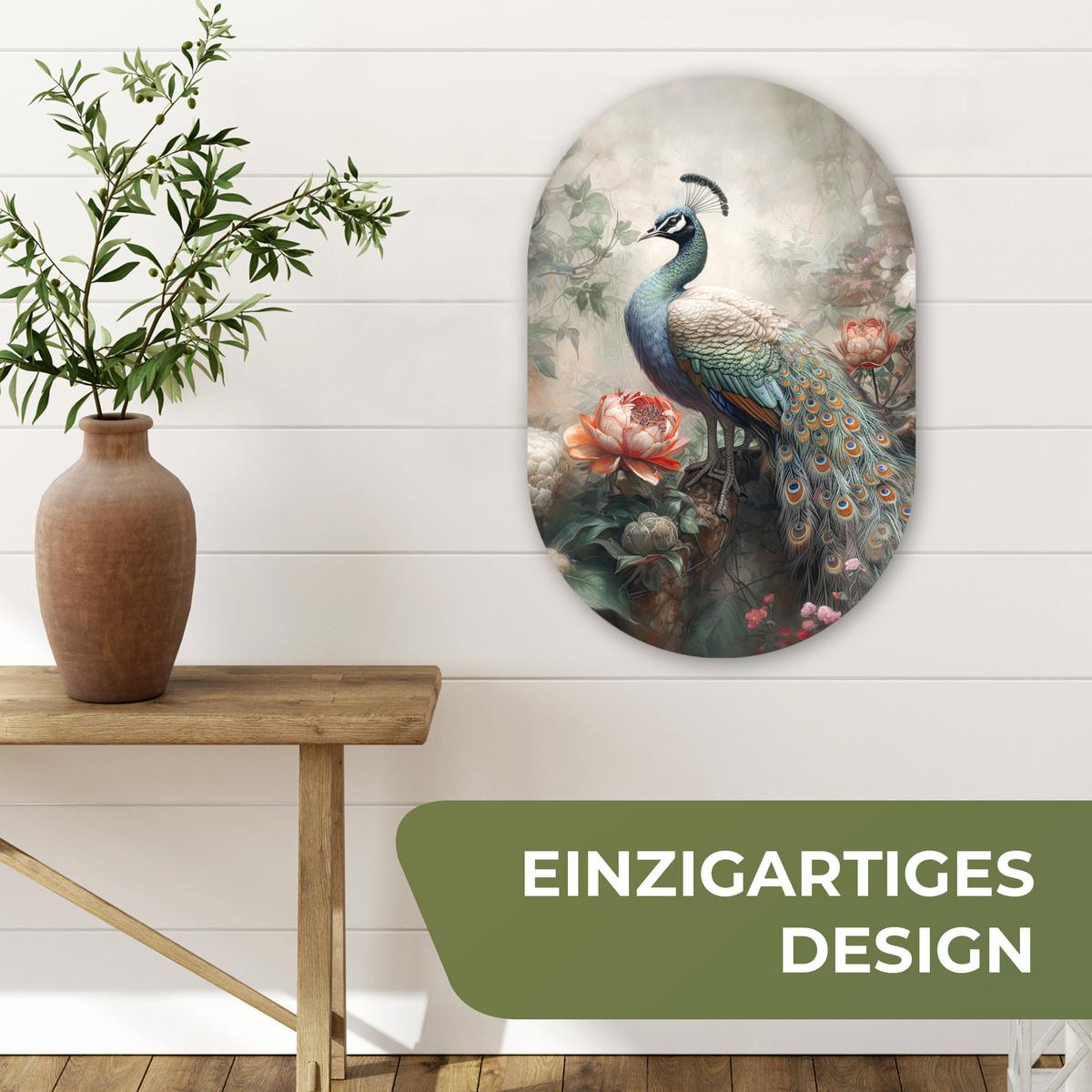 WANDBILD Pfau - Pfauenfedern - Vogel - Dschungel - Blumen Deko Wohnzimmer 40x60 cm - Smaragdgrün, Kunststoff (40/60cm) - MuchoWow