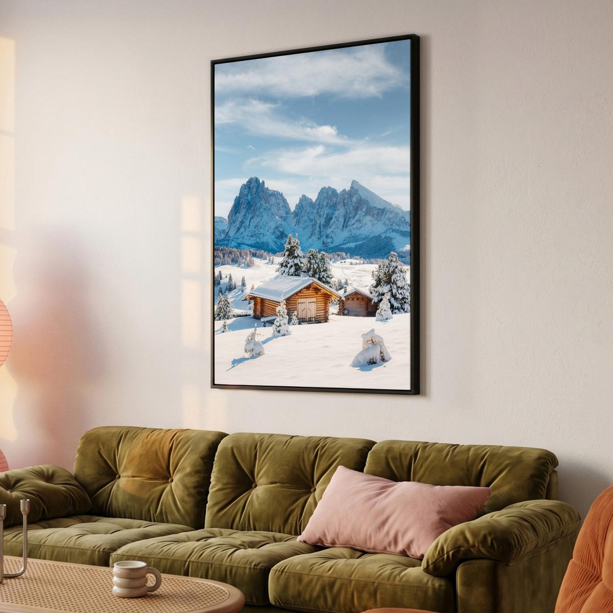 LEINWAND Bilder mit Rahmen - Winter - Hütte - Berge - Aussicht - Schnee - 100x150 - Eichefarben, Textil (100/150cm) - MuchoWow