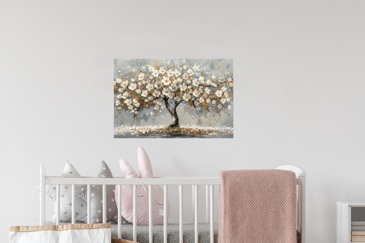 WANDTATTOO Baum - Blumen - Weiß - Natur - Kunst Deko Wohnzimmer 60x40 cm - Weiß, Kunststoff (60/40/0.1cm) - MuchoWow