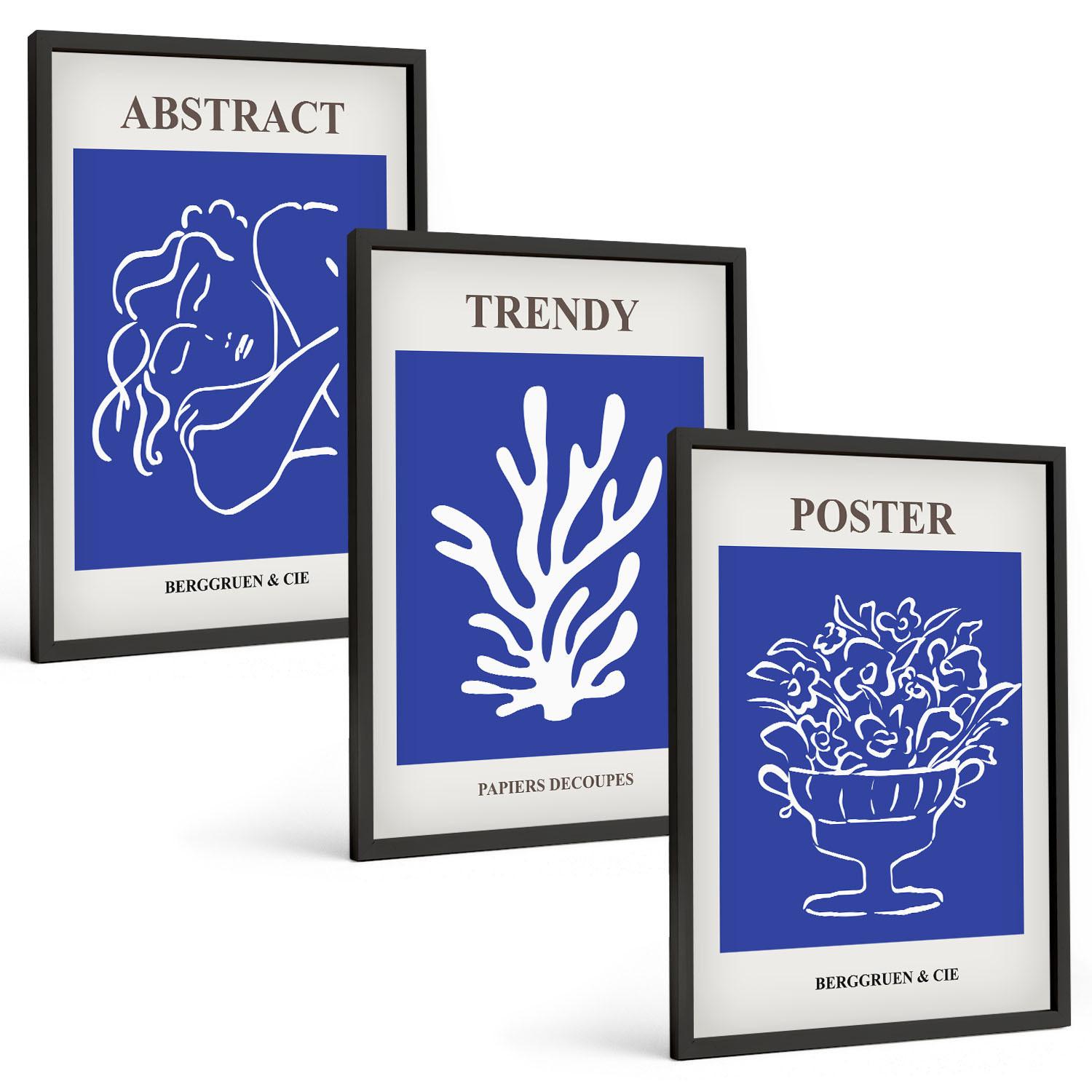 BILDER SET 3er Set - 40x60 cm Schwarzer Rahmen - Stilvolle blaue Poster - Schwarz, Kunststoff (40/60cm) - TULUP