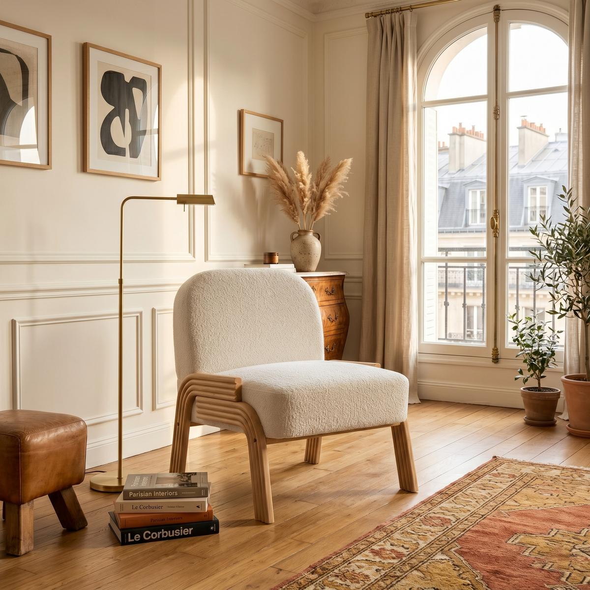 SESSEL aus chenille und massivholz, skandinavisches design und armlos - Creme, Textil (72/78/61cm) - Urban Meuble