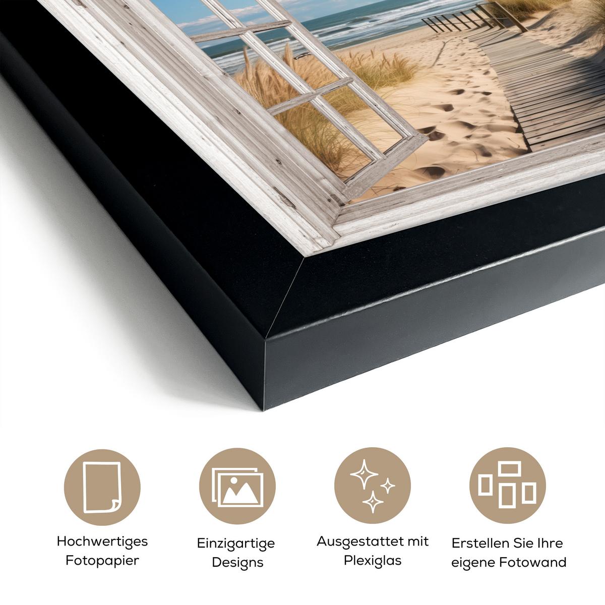 POSTER MIT RAHMENGERAHMTES BILD Fenster - Meer - Küste - Natur - Ausblick - Strand - Wattenmeer 30x20 cm - Beige, Papier (30/20cm) - MuchoWow