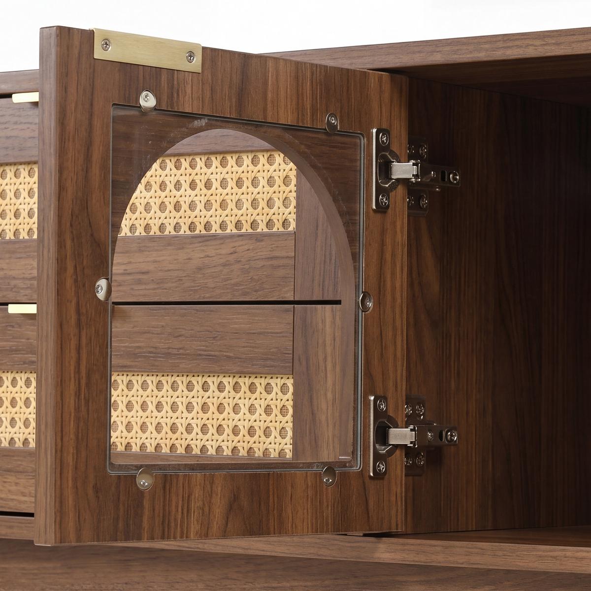 TV-LOWBOARD Nussbaum mit LED-Beleuchtung, Bogen-Glastüren & 4 Schubladen - Walnussfarben, Holzwerkstoff (180/50/40cm) - Urban Meuble