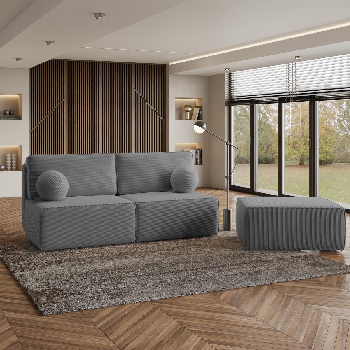ECKSOFA VARNA P Grau Kordstoff mit Schlaffunktion - Grau, Holz/Kunststoff (196/158cm) - MASSENO