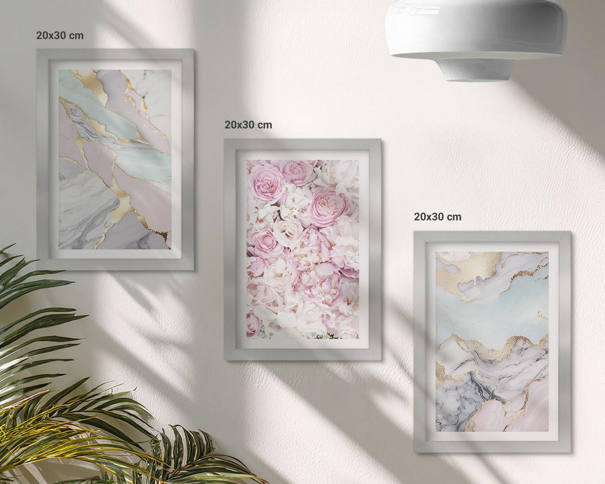 BILDER SET 3er Set - 20x30 cm Silberner Rahmen - Rosa Blumen Marmor Pastell - Silberfarben, Kunststoff (20/30cm) - TULUP