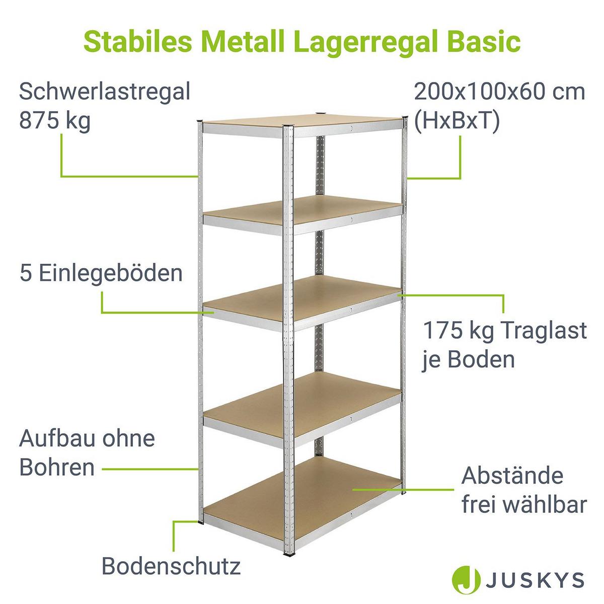 LAGERREGAL Basic verzinkt 200x100x60 cm - Silberfarben, Metall (100/200/60cm) - Juskys