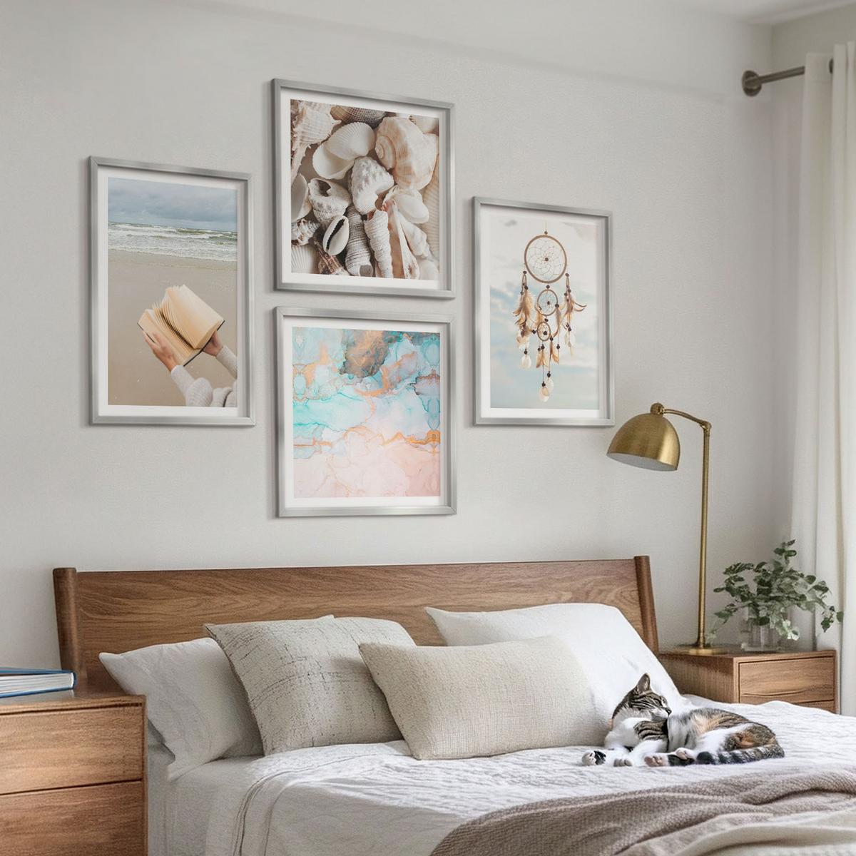 BILDER SET 4er Set - 50x50 cm & 40x60 cm Silberner Rahmen - Boho-Buch mit Muscheln - Silberfarben, Kunststoff (50/50cm) - TULUP