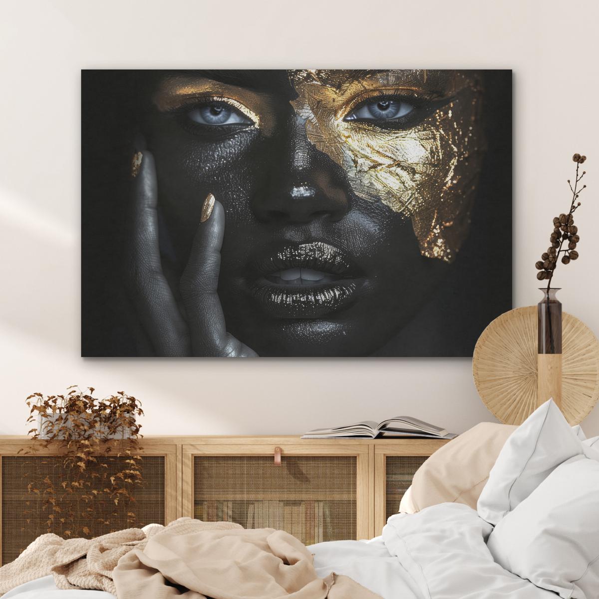 AKUSTIKBILD Frau - Gold - Porträt - Schwarz-Weiß - Luxus Wandbild Wohnzimmer 100x70 cm - Hellblau, Kunststoff (100/70/0.9cm) - MuchoWow