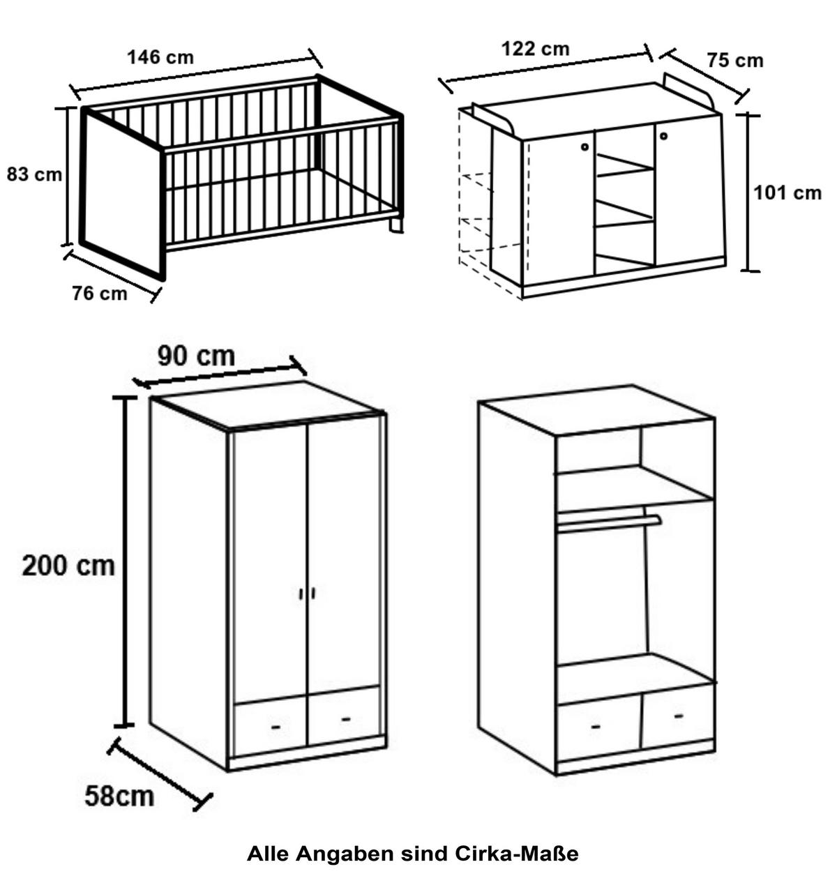 BABYZIMMER-SET 3-teilig: Babybett & Wickelkommode & Kleiderschrank 2-türig mit Schubladen B90/H200/T58 cm, Soft-Close, Landhausstil Weiß / 22802 - Silberfarben/Weiß, Holzwerkstoff/Metall (76/83/146cm) - luma-home