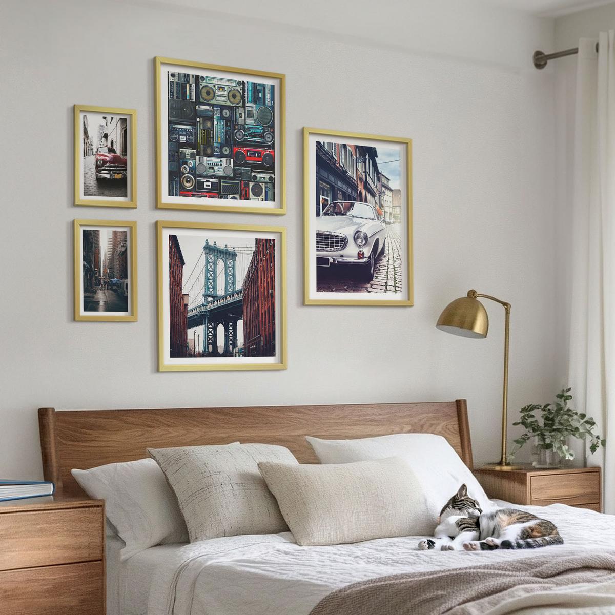 BILDER SET 5er Set - 50x50 cm & 20x30 cm & 40x60 cm Goldrahmen - Old Cars Brooklyn Retro-Audio - Goldfarben, Kunststoff (40/60cm) - TULUP