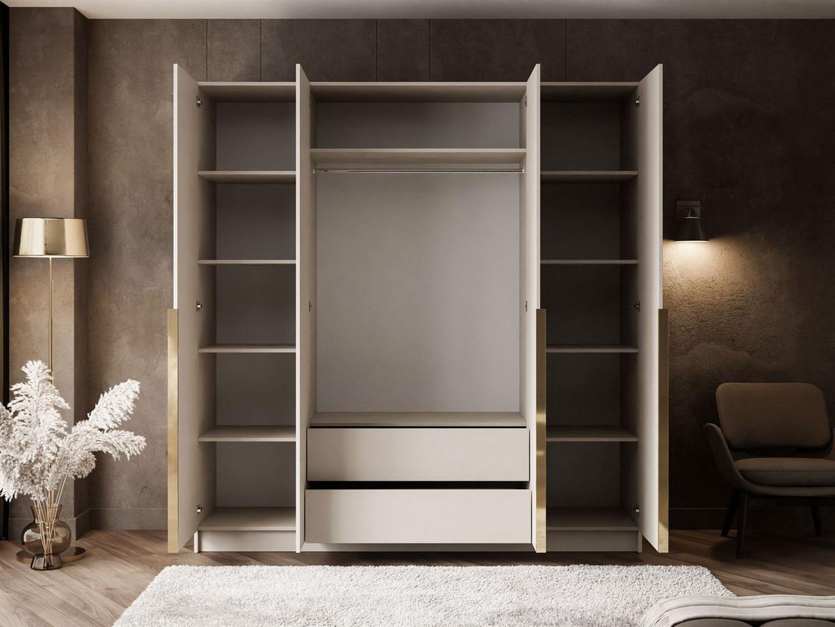 KLEIDERSCHRANK AUREL 4D mit Spiegel mit goldenen Griffen - Kaschmir/Goldfarben, Holzwerkstoff (200/200/57cm) - Lookway