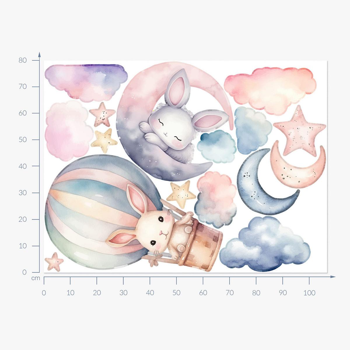 WANDAUFKLEBER 80x106cm - Kaninchen und ein Ballon - Multicolor, Kunststoff (80/106/0.1cm) - Wallfluent