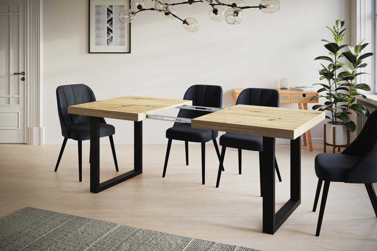 INDUSTRIELLER Esszimmertisch LOFT-U, ausziehbarer Tisch, Größe: 140-240X80X77 cm, Wohnzimmertisch Farbe: ARTISAN, mit Metallbeinen in Farbe Schwarz - Hellbraun/Schwarz, Holzwerkstoff (140/80/77cm) - Alpi-Möbel