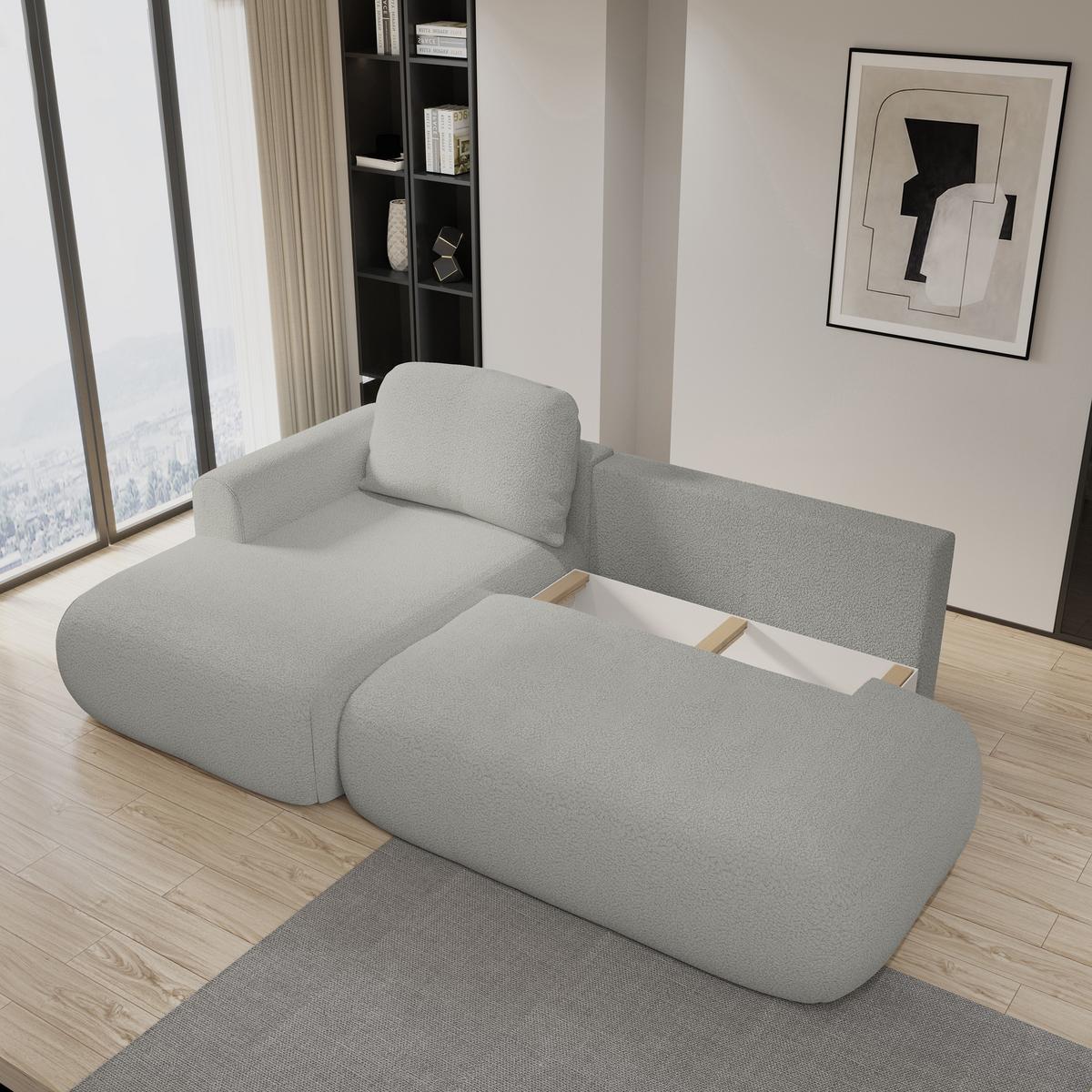 ECKSOFA NUVIRA L-S Hellgrau Boucle-Stoff mit Schlaffunktion - Hellgrau, Holz (279/158cm) - MASSENO