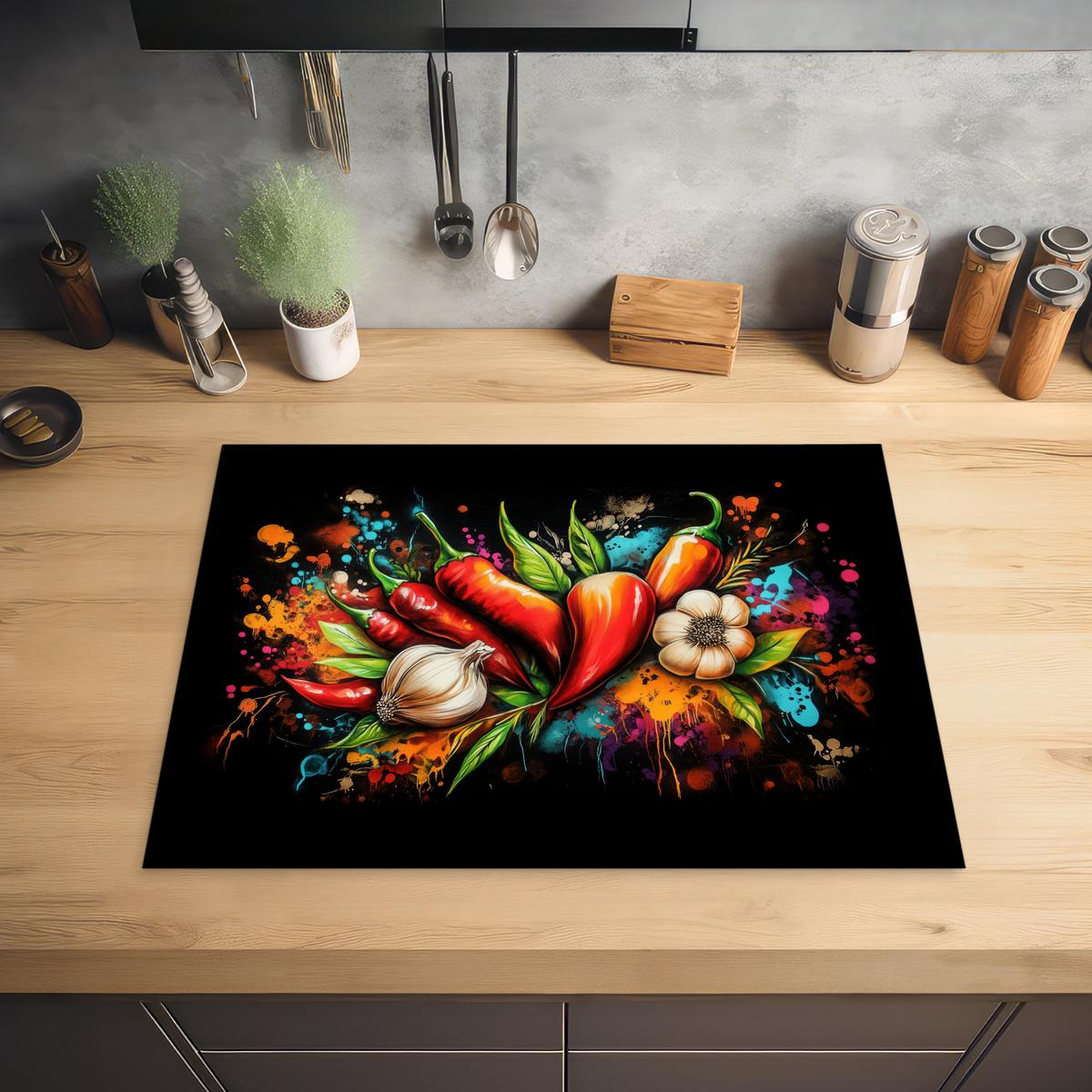 HERDABDECKPLATTE Gemüse - Paprika - Knoblauch - Graffiti - Farbe - Bunt Herdabdeckung Induktionsfeld 70x52 cm - Rot, Kunststoff (70/52/0.2cm) - MuchoWow