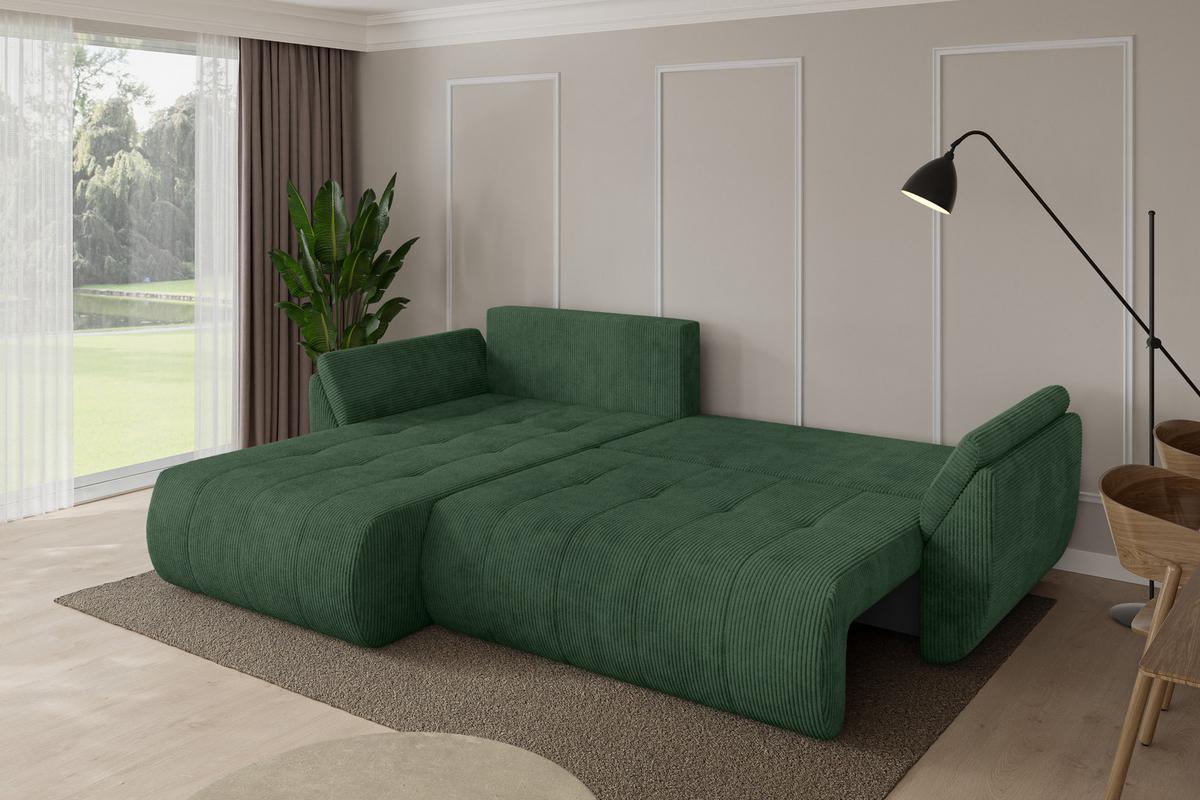 ECKSOFA mit Schlaffunktion Ottomane Links TOKO-L 277x194x86 Grün Cord - Dunkelgrün/Schwarz, Holzwerkstoff/Kunststoff (277/194cm) - ALTDECOR