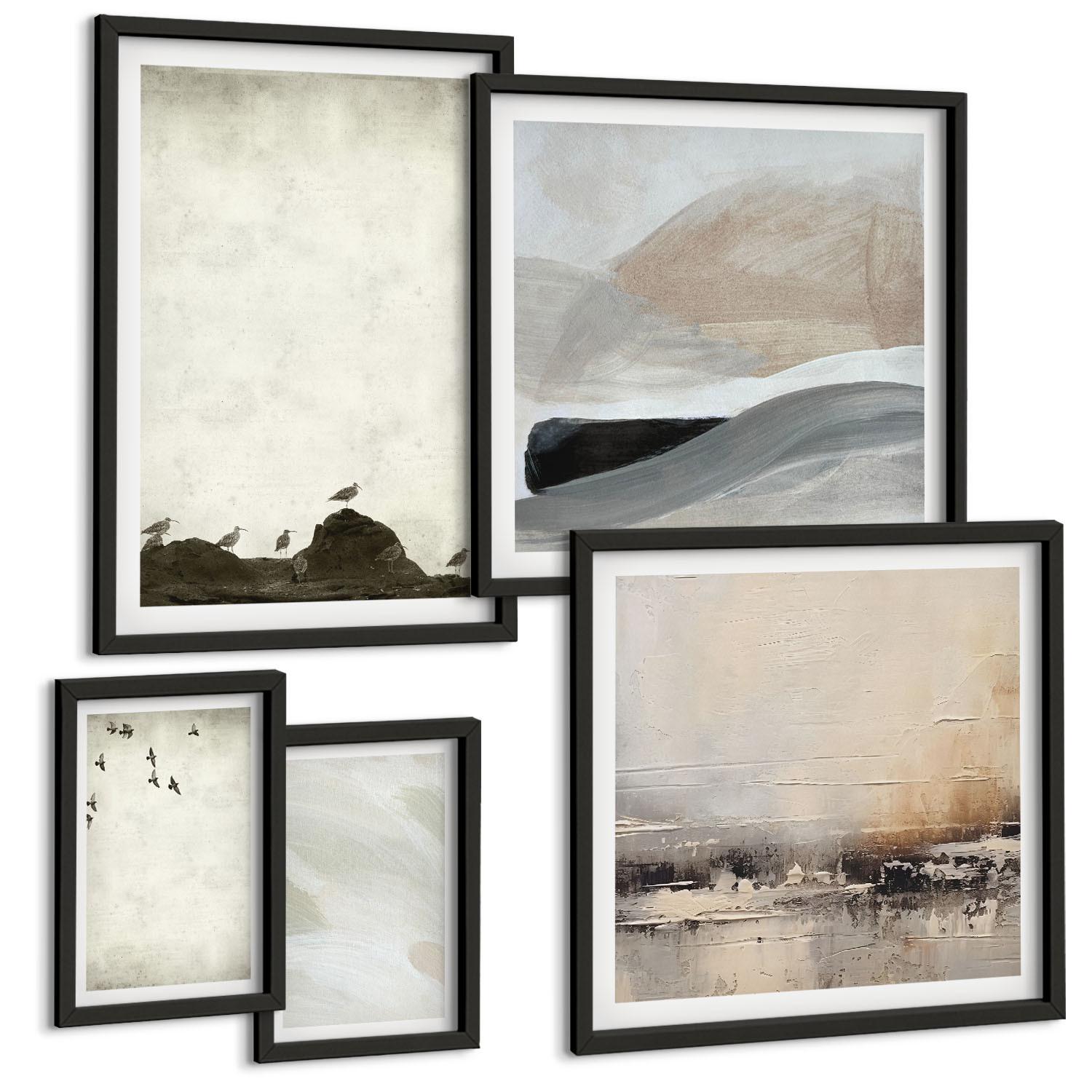 BILDER SET 5er Set - 50x50 cm & 20x30 cm & 40x60 cm Schwarzer Rahmen - Vögel, Steine, Pinselstriche, Verzierungen - Schwarz, Kunststoff (40/60cm) - TULUP