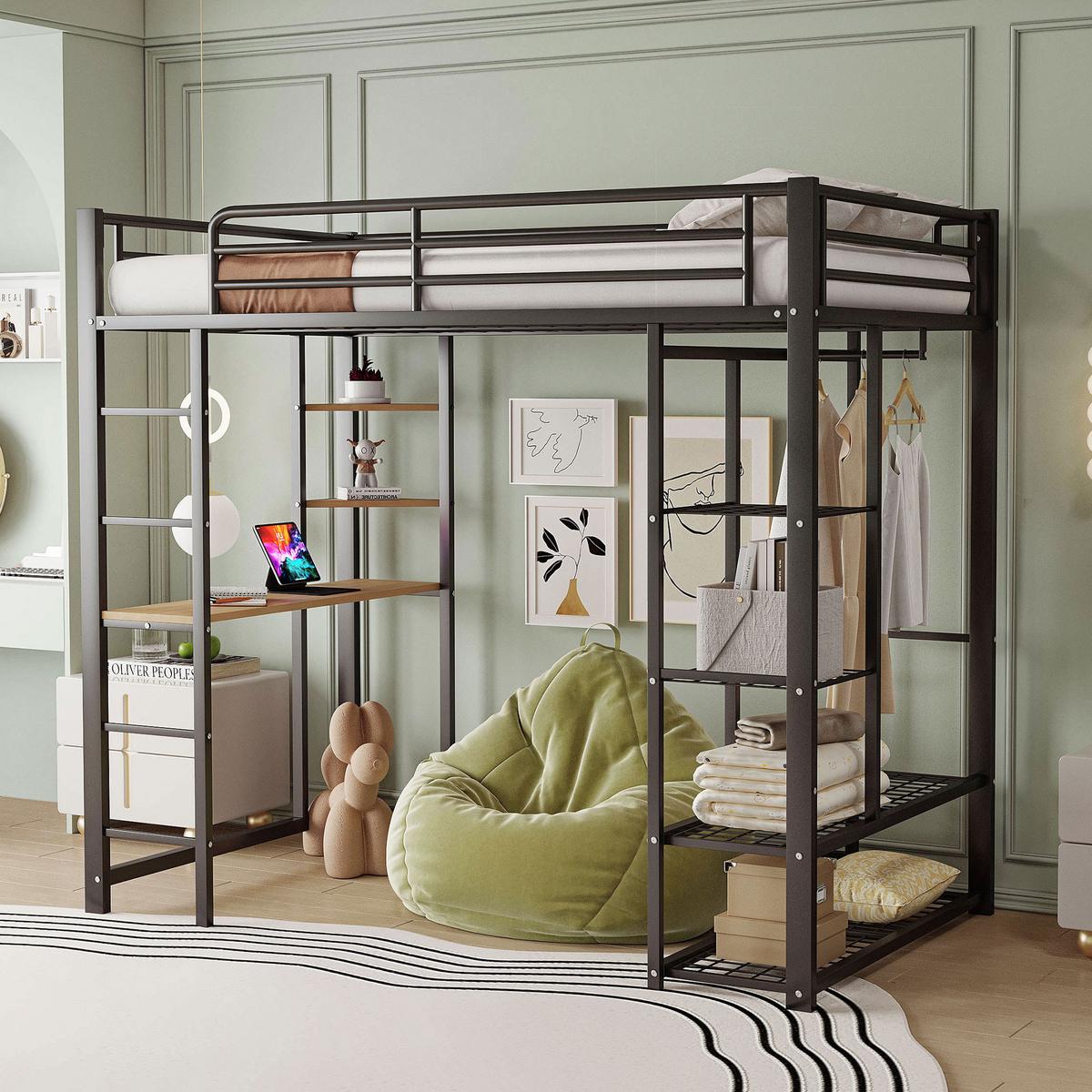 HOCHBETT mit Schreibtisch, Regalen und Stauraum - Schwarz, Holzwerkstoff/Metall - Urban Meuble