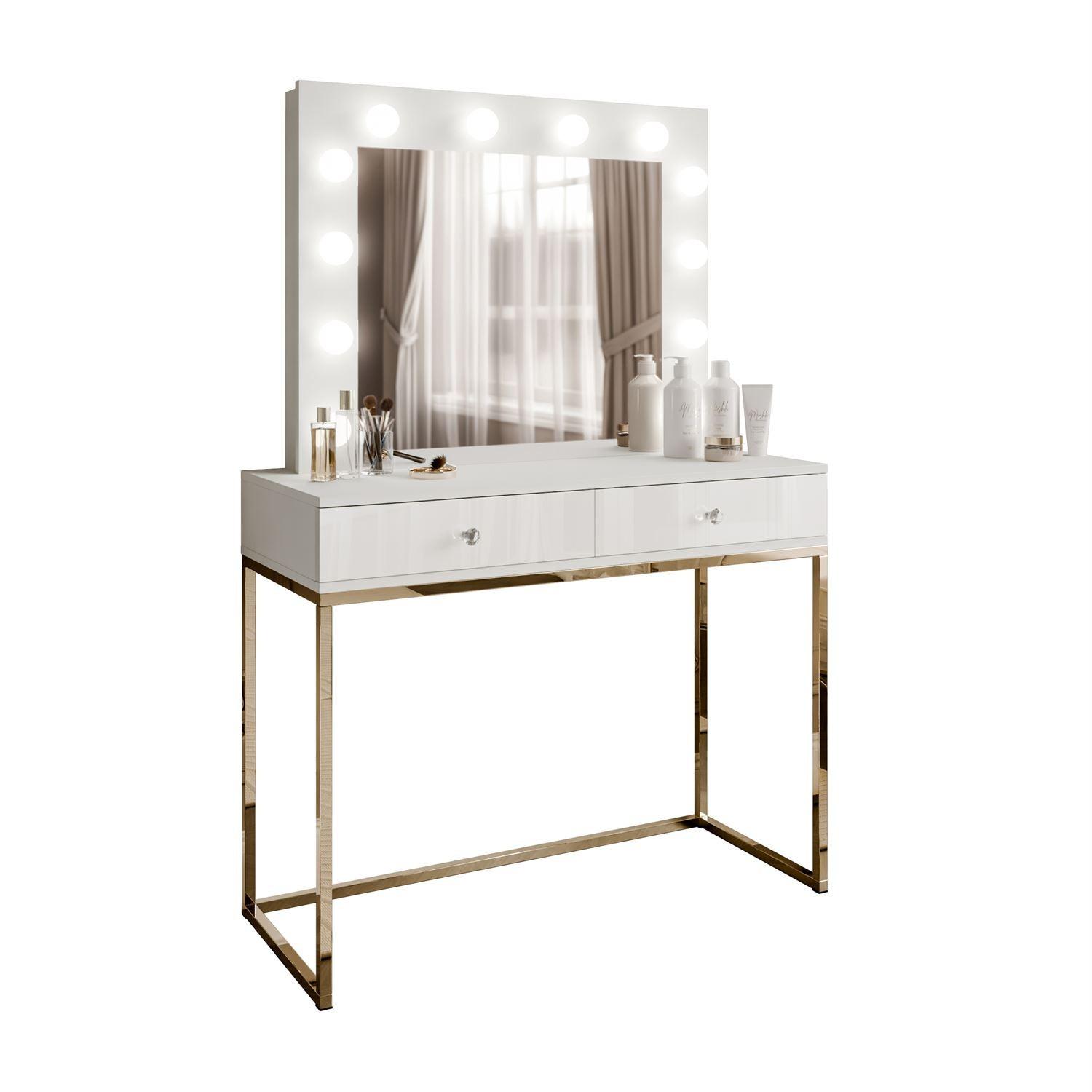 SCHMINKTISCH BLANCO mit Spiegel und Beleuchtung Gold Chrom Weiß Hochglanz Kristallgriff - Weiß Hochglanz/Goldfarben, Holzwerkstoff (100/146/42cm) - Lookway