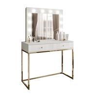 SCHMINKTISCH BLANCO mit Spiegel und Beleuchtung Gold Chrom Weiß Hochglanz Kristallgriff - Weiß Hochglanz/Goldfarben, Holzwerkstoff (100/146/42cm) - Lookway