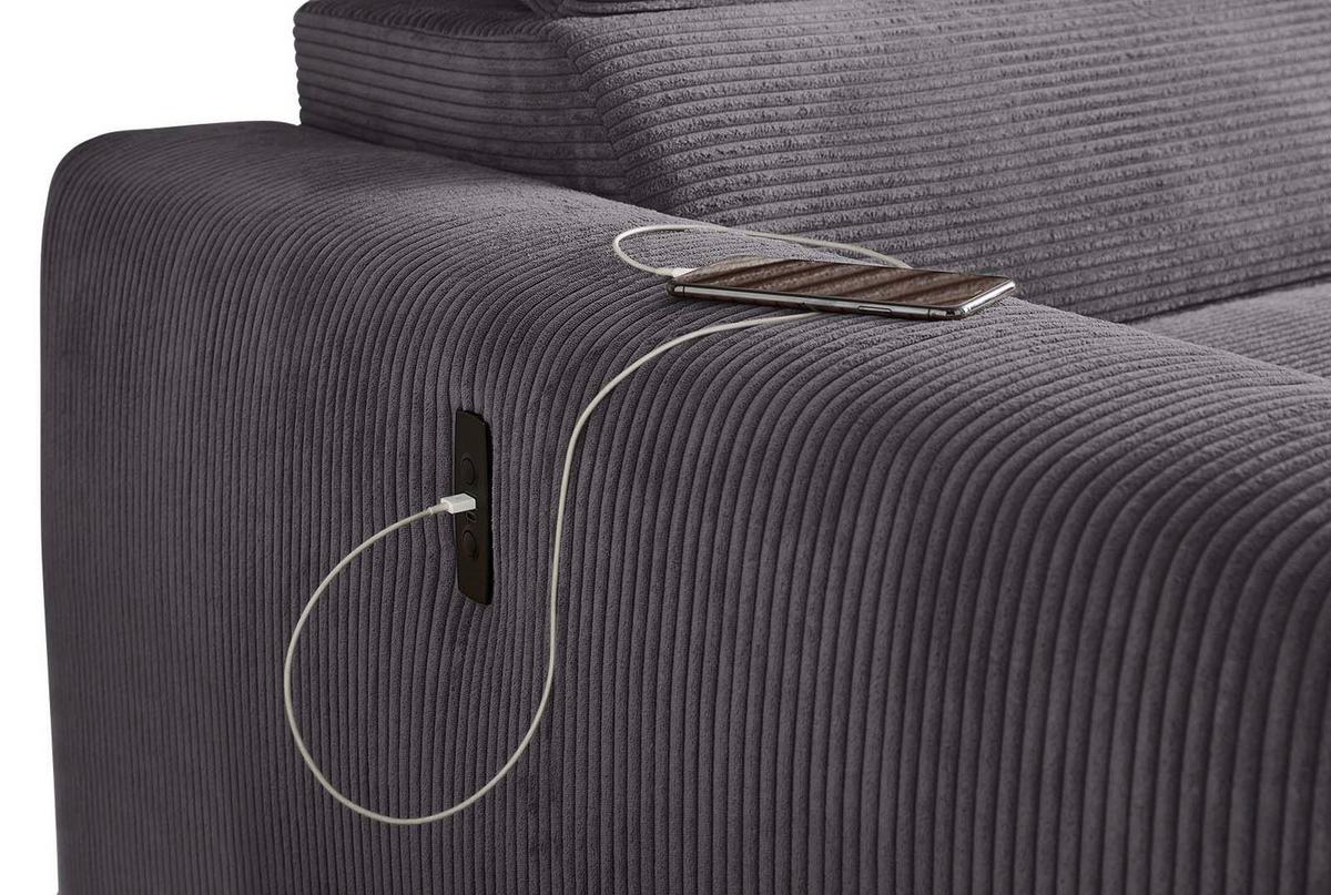 ECKSOFA mit elektrischer Sitztiefenverstellung, Kopflehnen verstellbar, USB-A und USB-C Ladefunktion B277/T187/H109 cm, Cord Dunkelgrau / 15402 - Dunkelgrau/Eichefarben, Eichenholz/Textil (277/187cm) - luma-home