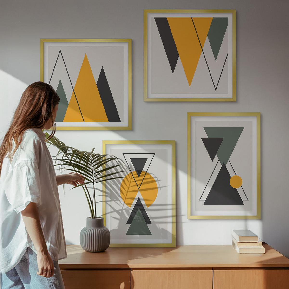 BILDER SET 4er Set - 50x50 cm & 40x60 cm Goldrahmen - Abstrakte geometrische Formen - Goldfarben, Kunststoff (50/50cm) - TULUP