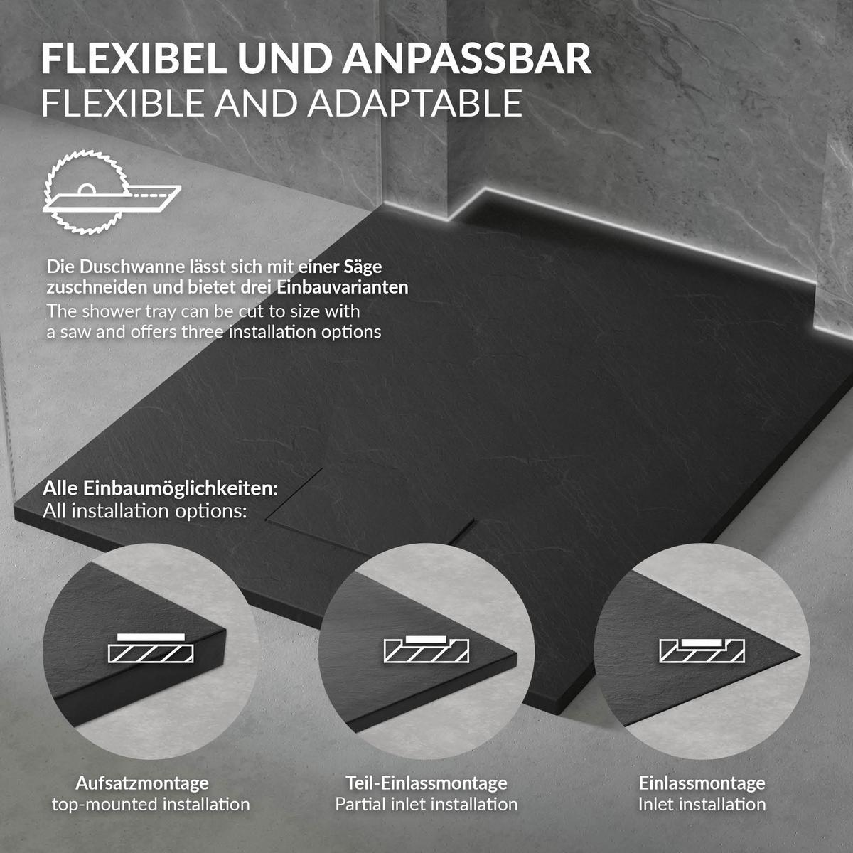 DUSCHWANNE 120x70 cm Schwarz mit Ablaufgarnitur aus SMC - Schwarz, Kunststoff (70/3/120cm) - LuxeBath