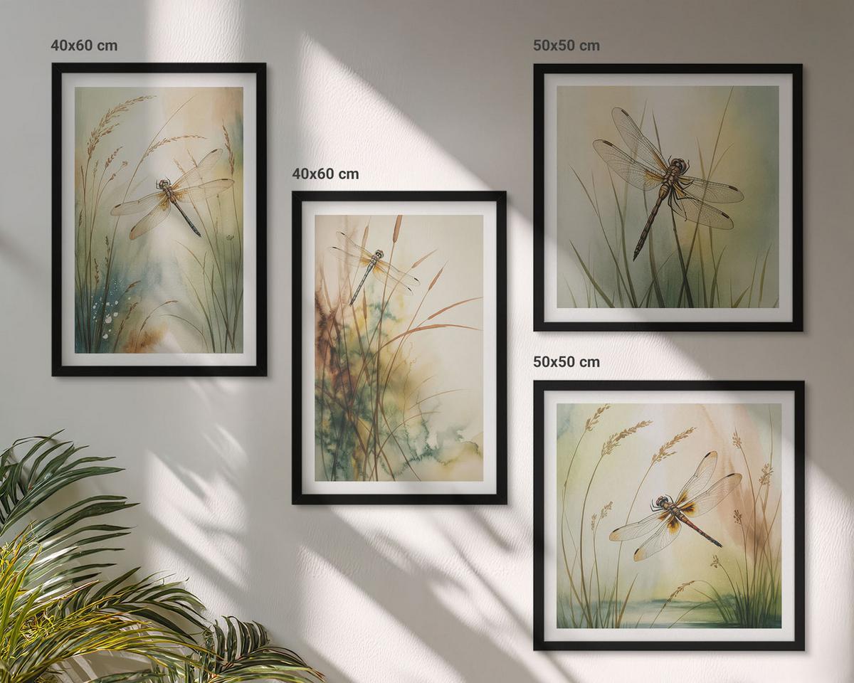 BILDER SET 4er Set - 50x50 cm & 40x60 cm Schwarzer Rahmen - Libellengräser über dem Wasser - Schwarz, Kunststoff (50/50cm) - TULUP