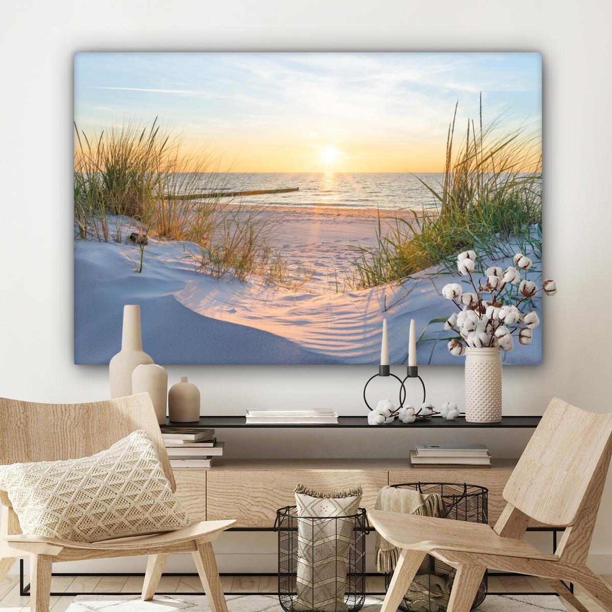 LEINWANDBILD Strand - Sonne - Düne - Gras - Sand - Horizont Groß 140x90 cm - Hellblau, Textil (140/90cm) - MuchoWow