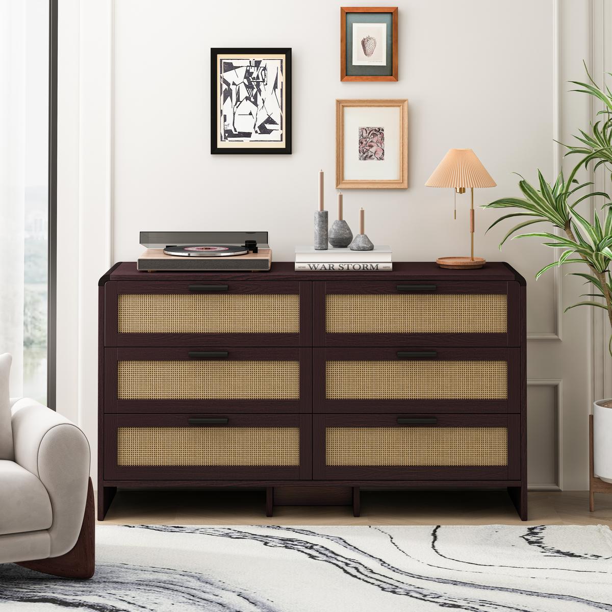 SIDEBOARD holzwerkstoff in rotbraun mit rattan-geflecht, abgerundete ecken & 6 schubladen - Walnussfarben, Holzwerkstoff (130/74/40cm) - Urban Meuble