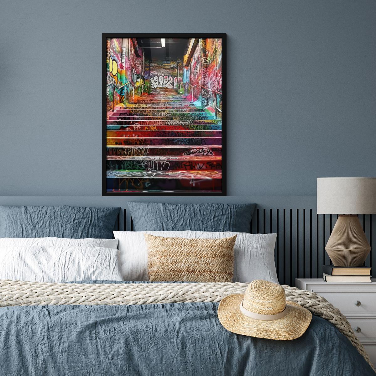 POSTER MIT RAHMEN Treppe - Graffiti - Farben - Kunst Posterleiste 60x80 cm - Multicolor, Papier (60/80cm) - MuchoWow
