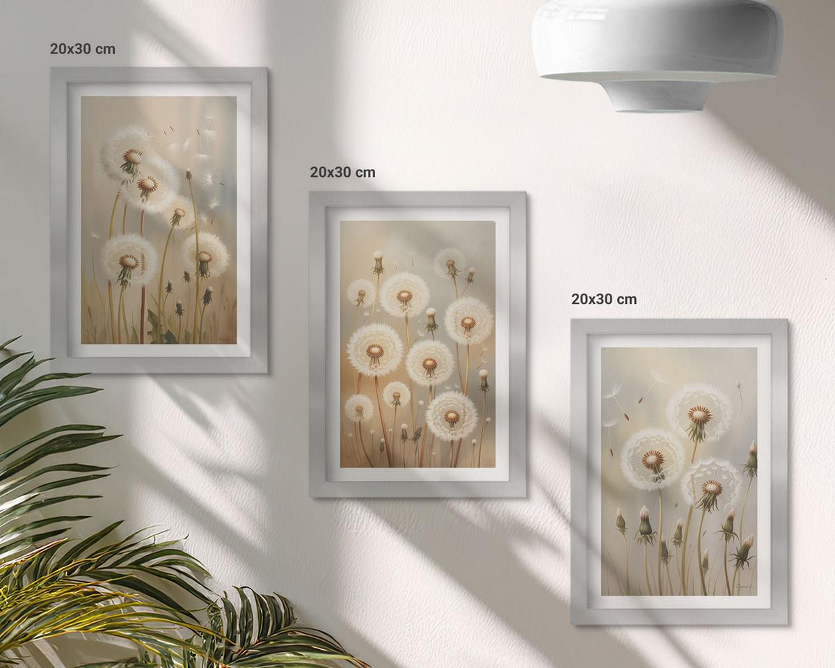 BILDER SET 3er Set - 20x30 cm Silberner Rahmen - Weiße Löwenzahnblüten auf hellem Hintergrund - Silberfarben, Kunststoff (20/30cm) - TULUP