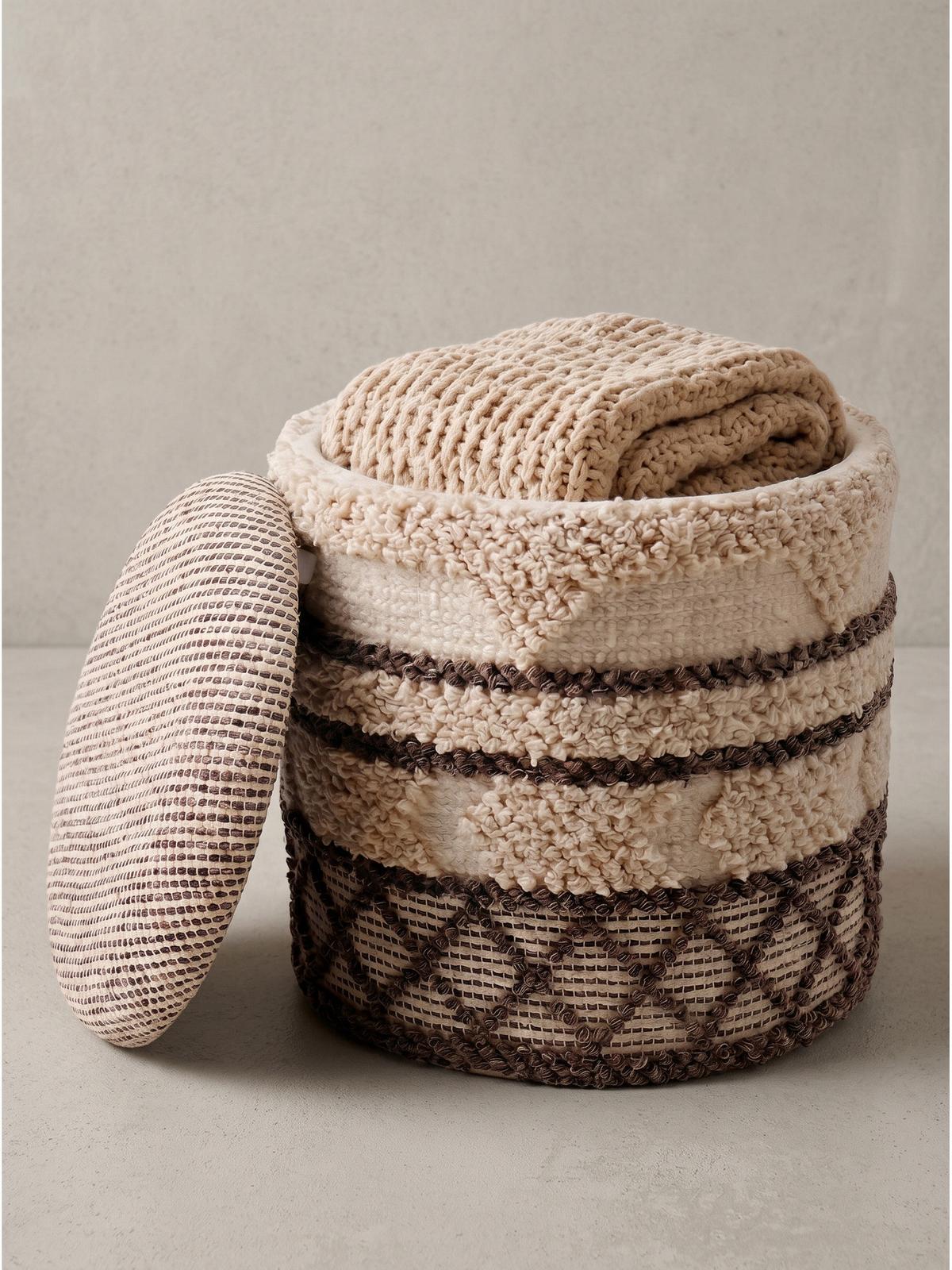 SITZHOCKER RHONE, Stoff, mit Textilbezug, mit Rauten, Beige-Braun, Ø 40 x 45 cm - Beige, Textil (40/45/40cm) - KADIMA DESIGN