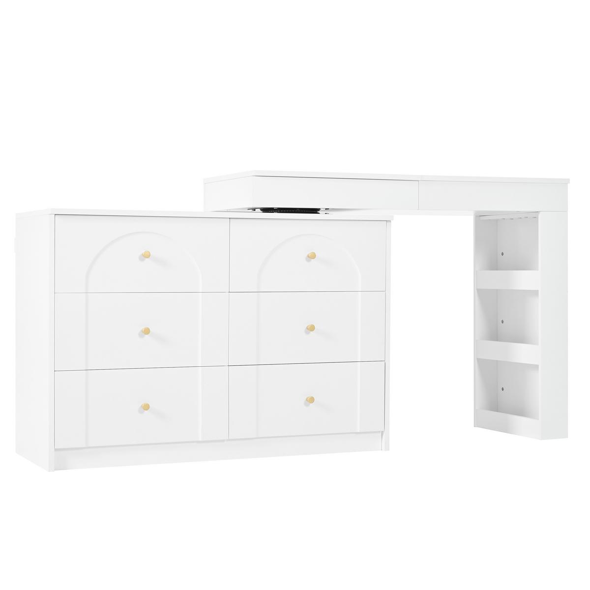 SCHMINKTISCH 2-in-1 Schreibtisch (drehbar) in Weiß mit LED-Spiegel & 7 Schubladen - Weiß, Holzwerkstoff (105/80/40cm) - Urban Meuble