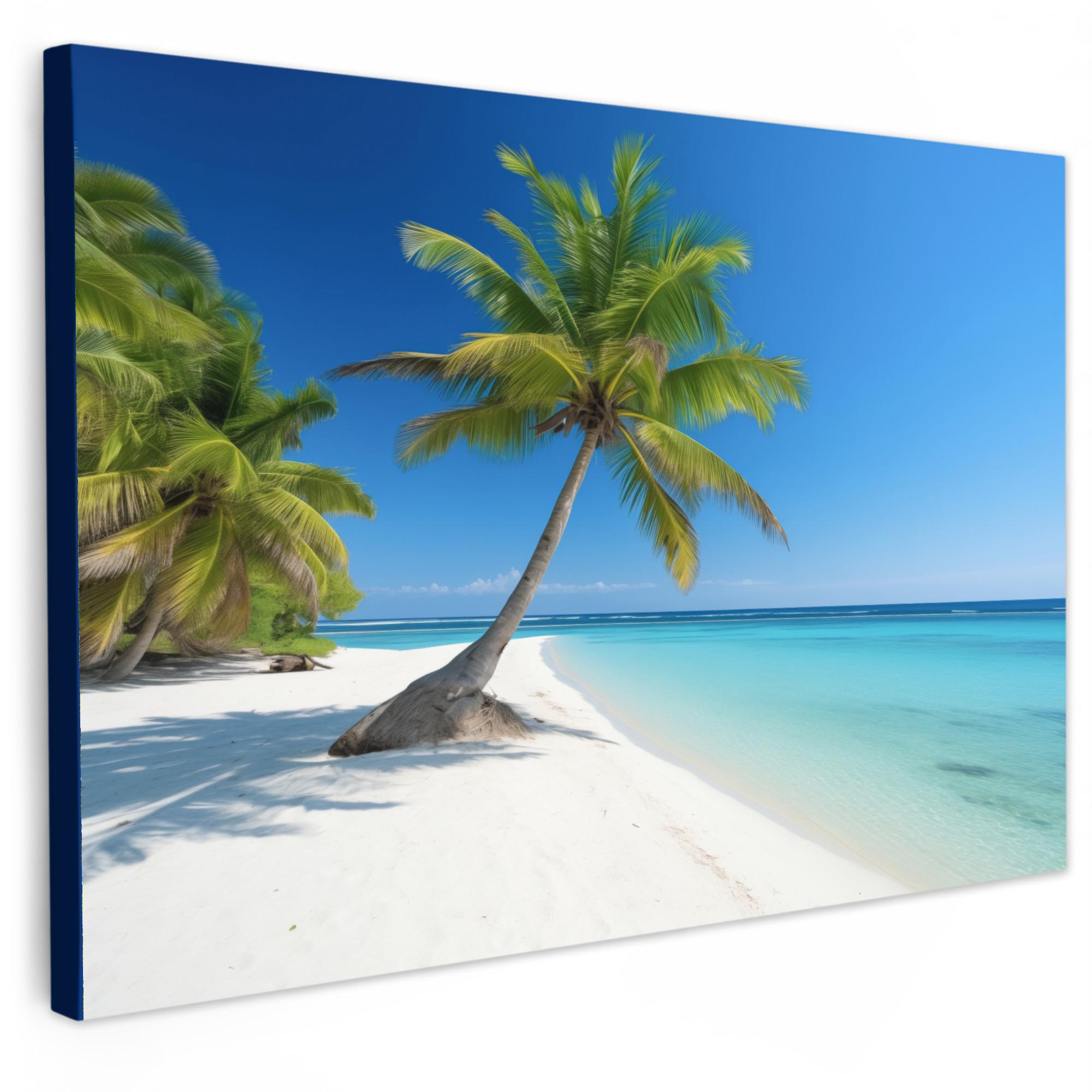 LEINWANDBILD Strand - Palme - Tropisch - Meer Gemälde 60x40 cm - Grün, Textil (60/40cm) - MuchoWow