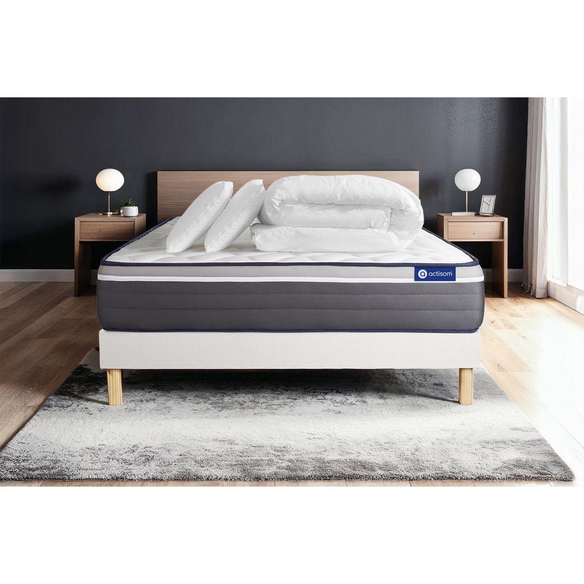 BETT Actiflex plus Taschenfederkern und Memory-Schaum 140 x 200 cm h4 - Kit Bettgestell Weiß - Mit Kissen und Bettdecke - Beige/Weiß, Karton/Holz (140/200cm) - ACTISOM