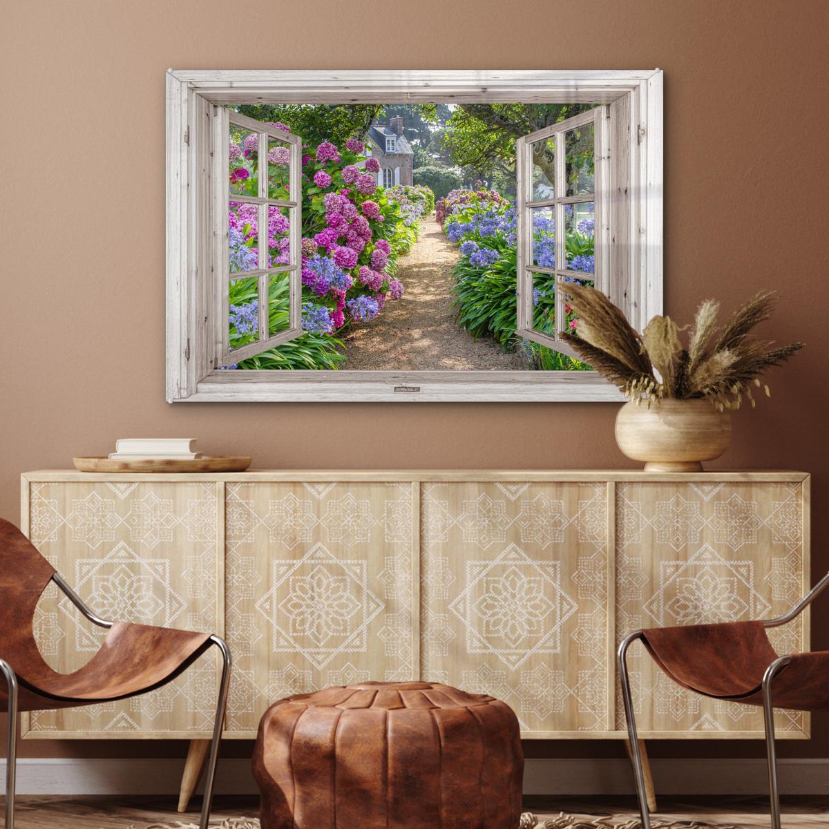 ACRYLGLASBILD Hortensie - Durchsichtig - Blumen - Sommer - Lila - Weg Wandbild Schlafzimmer 120x80 cm - Lila, Glas (120/80cm) - MuchoWow