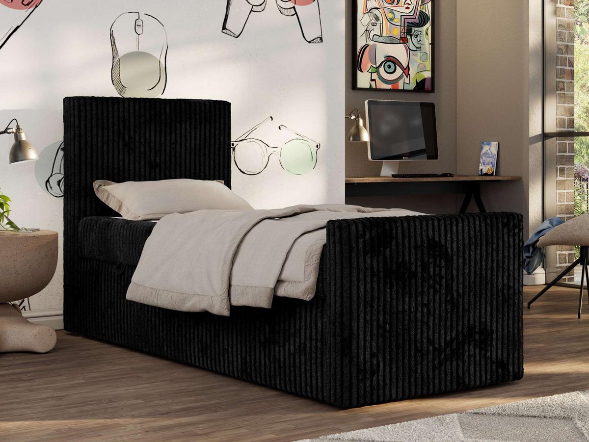 JUGENDBETT TILIO DUO 90/200 - Schwarz Cord - H3 - Links Seite - Schwarz, Textil (90/200cm) - MKS