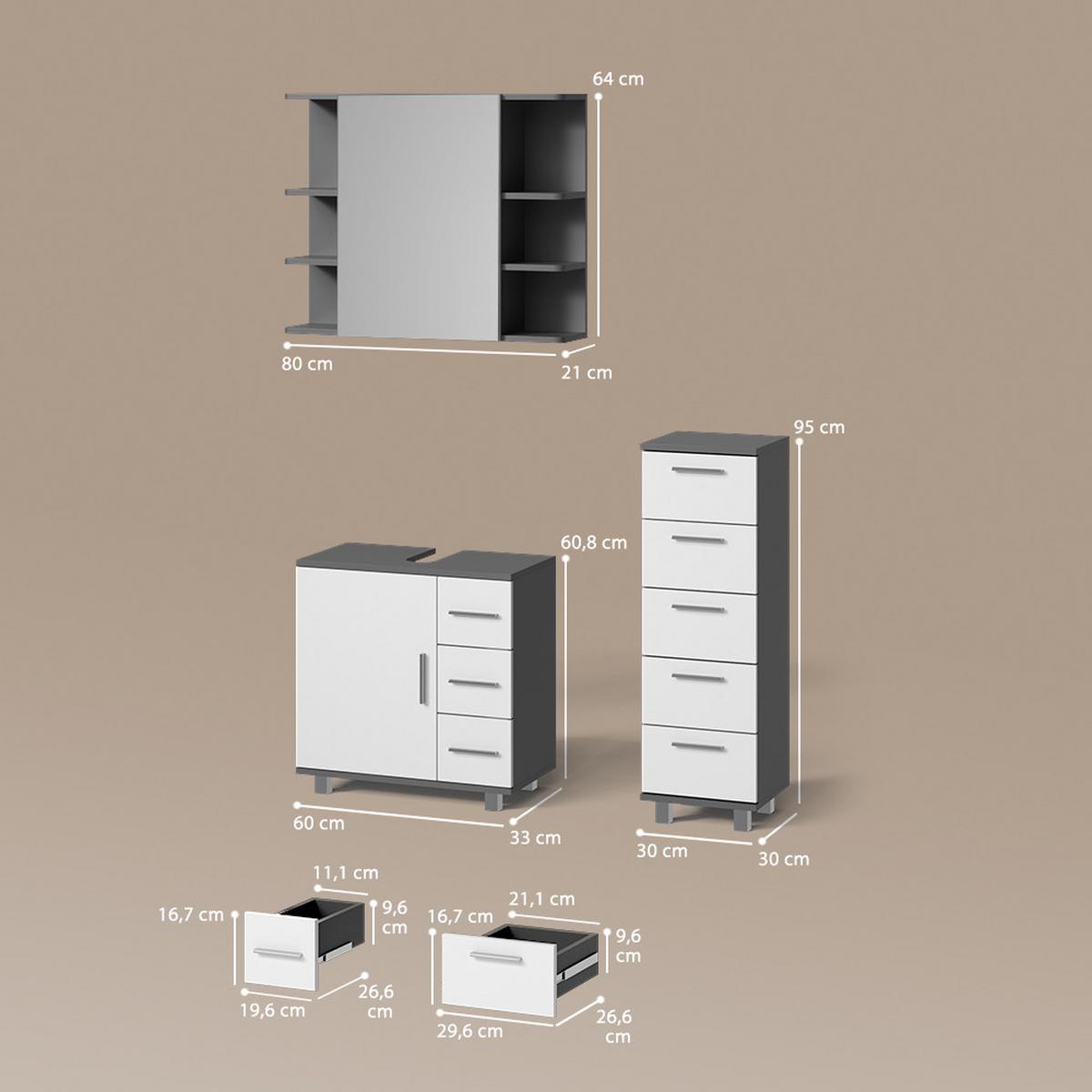 BADMÖBEL-SET Eisak Anthrazit 3 Teile, mit Midischrank - Anthrazit, Holzwerkstoff (60/60/33cm) - Livinity®