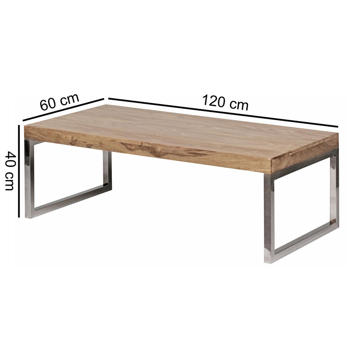 COUCHTISCH GUNA im Landhaus-Stil aus massivem Holz mit Designmerkmalen, Akazie 60x120x40 cm - Silberfarben/Akaziefarben, Holz/Metall (120/60/40cm) - KADIMA DESIGN