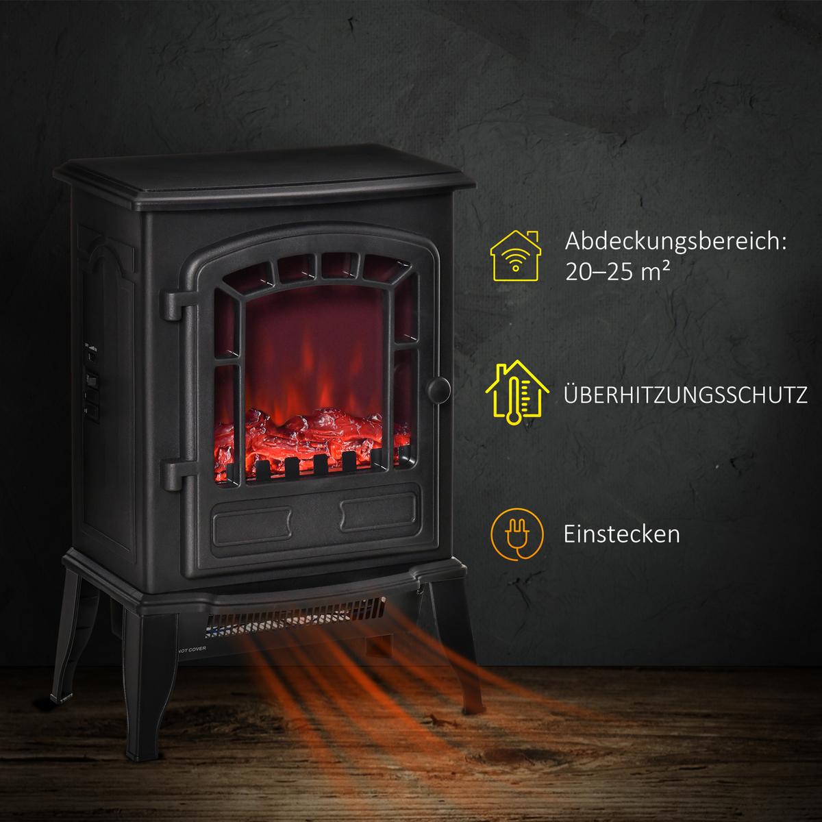 ELEKTROKAMIN Elektrischer Kamin mit Heizung, LED-Flammeneffekt, Schwarz - Schwarz, Kunststoff (24/56.5/39cm) - HOMCOM
