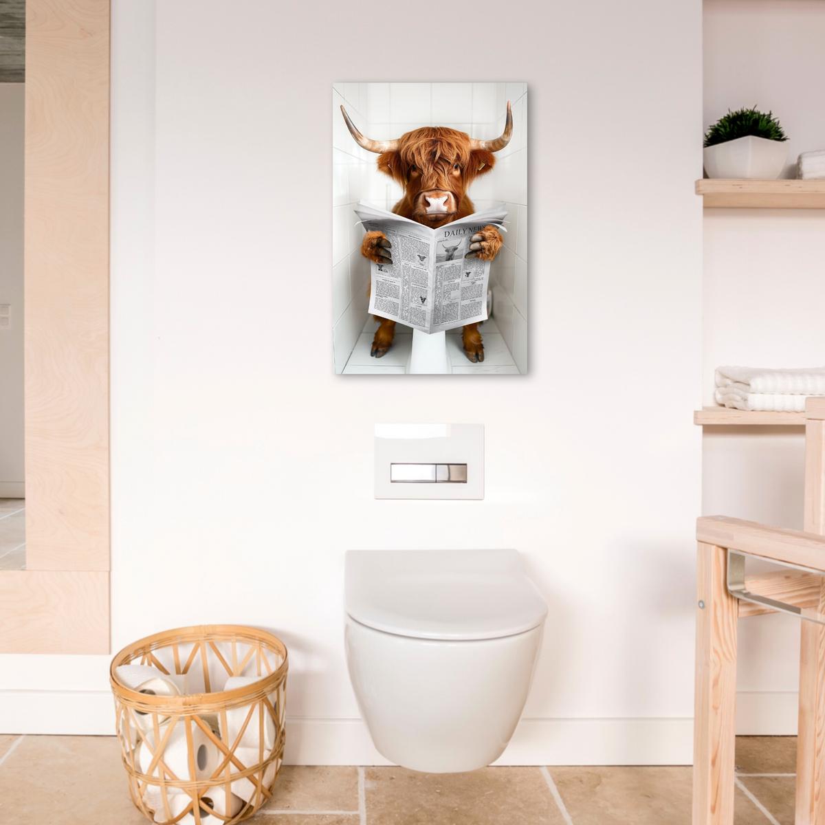 LEINWANDBILD Schottischer Highlander - Tier - Zeitung - Toilette Wanddeko 40x60 cm - Kastanienfarben, Textil (40/60cm) - MuchoWow