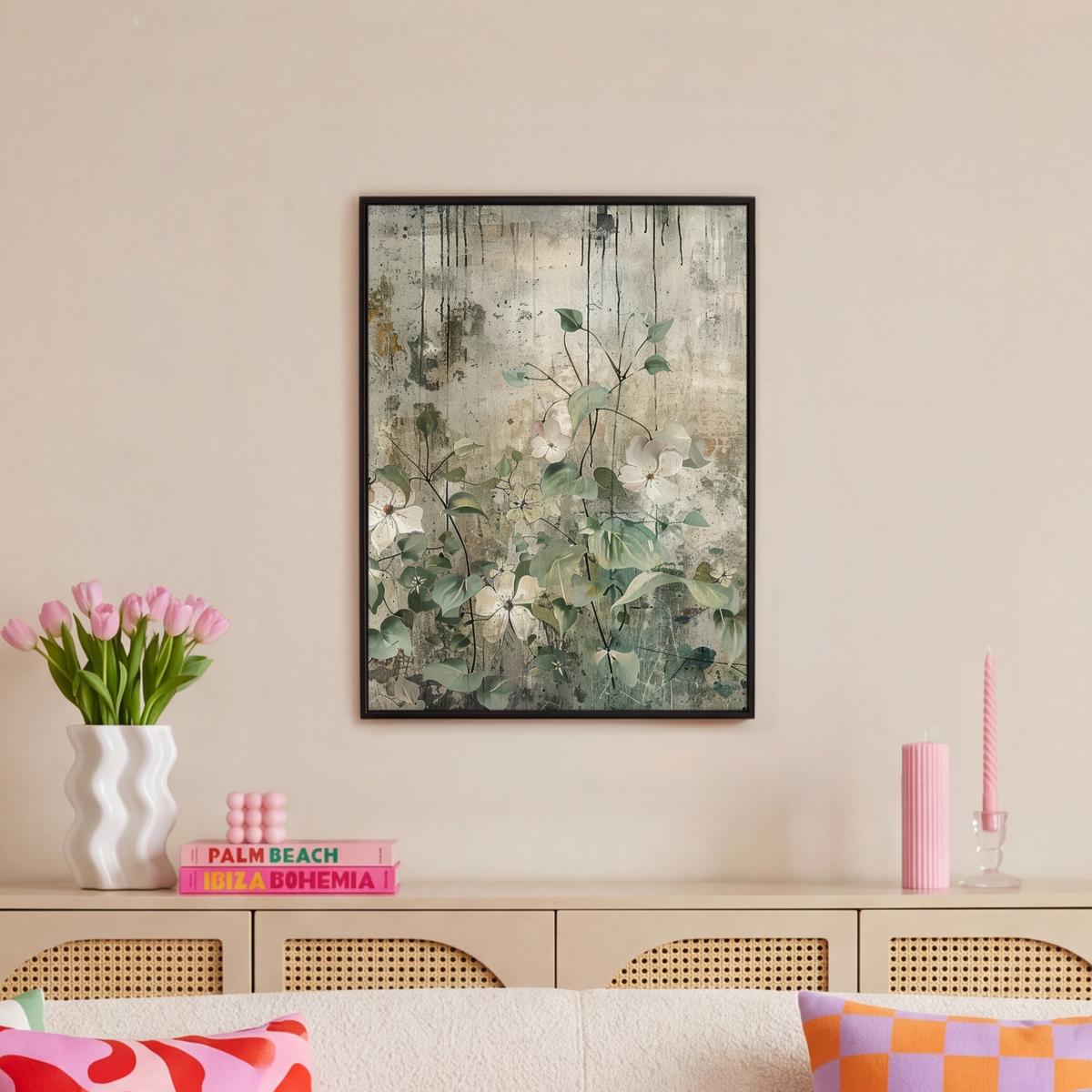 LEINWAND Bilder mit Rahmen - Blumen - Blätter - Abstrakt - Modern - 50x70 - Grau, Textil (50/70cm) - MuchoWow